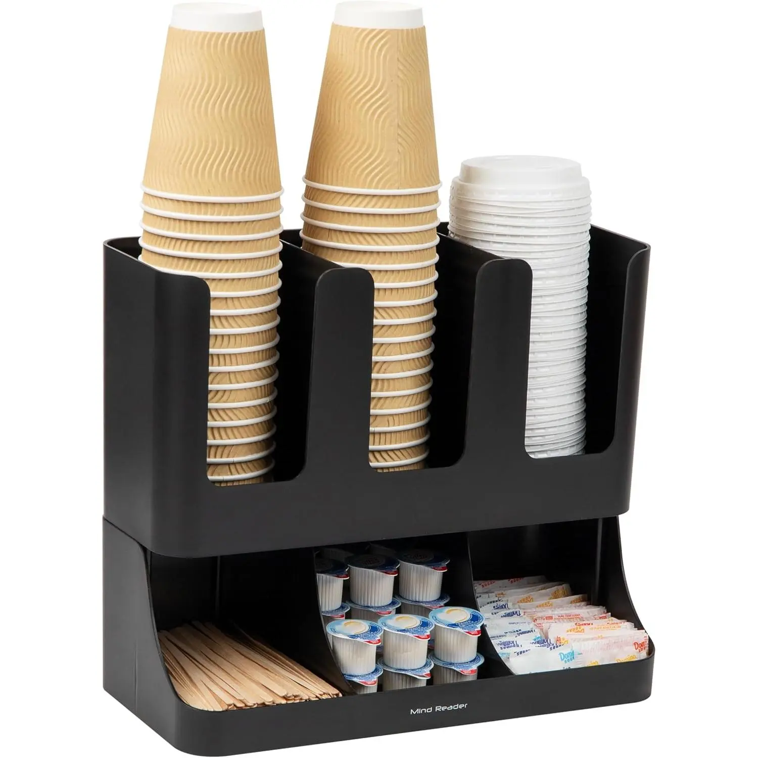 Cup and Condiment Station, 13 Inch Countertop Coffee Bar Organizer with 6 Compartments, Storage Caddy for Cups, Lids and Packets, Plastic, Black