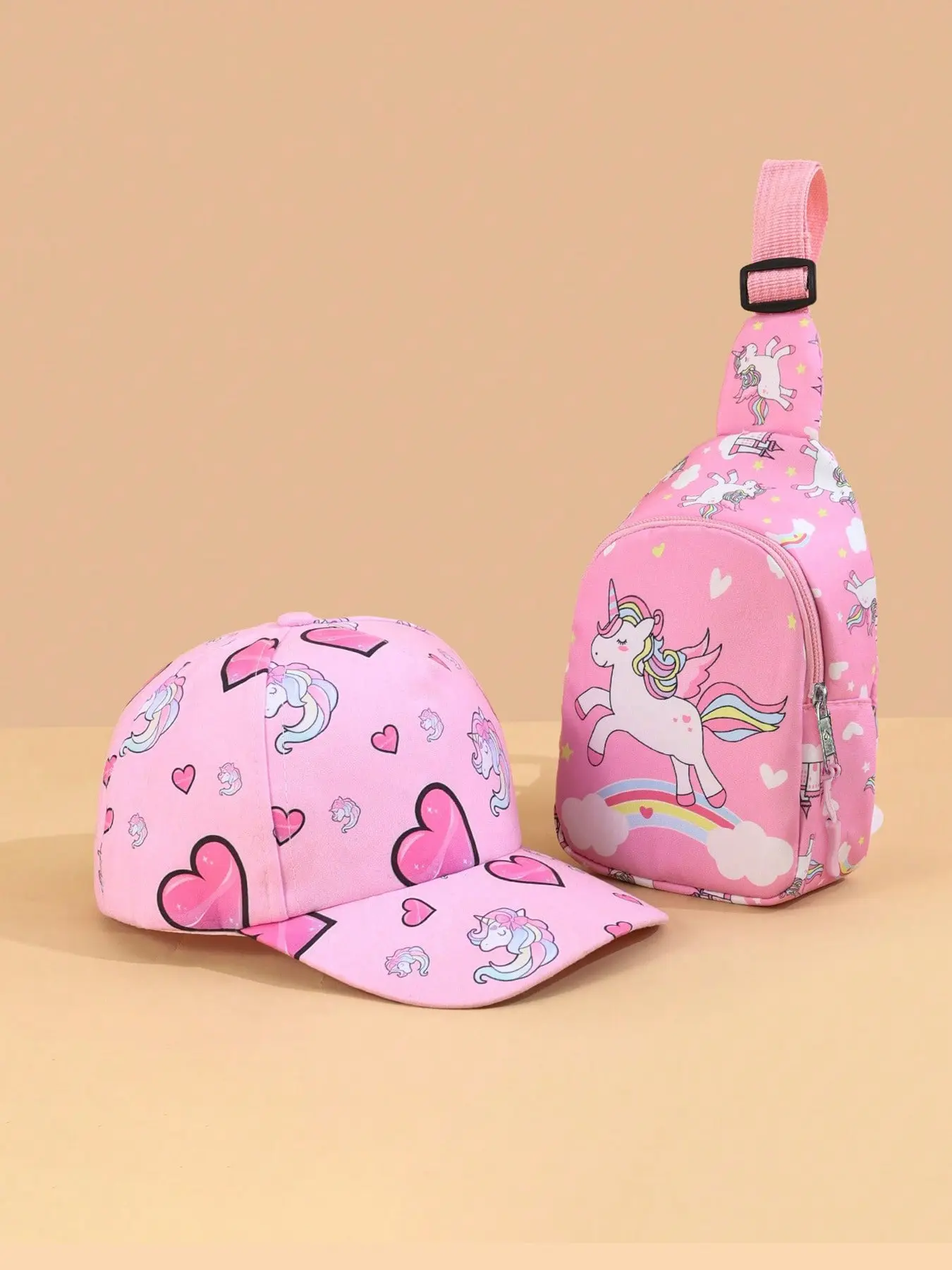 2pcs Youngsters's unicorn and love pattern fashion baseball cap and chest bag set, cute all-matching sun hat, small storage bag, suitable for girls to go out and play outdoors, suitable for gifts