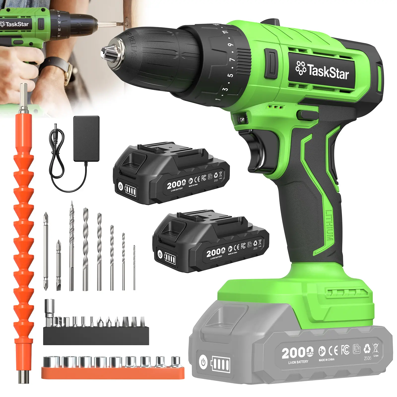 TaskStar Impact Drill with 2000mAh Batteries and 11-Piece Accessory Set for Versatile DIY Projects