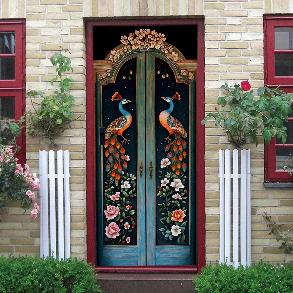 2pcs Peacock Relief Wall StickersFlower Pattern Decorative Door Stickers Self Adhesive Waterproof Living RoomBackground Wall Decals Peacock Floral Home Wall Decor