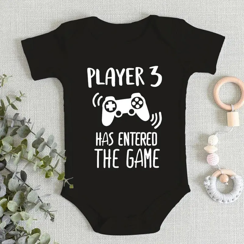 Cute Unisex Baby Bodysuit, "Player 3 Has Entered The Game" Short Sleeve Fitted 100% Cotton Romper with Bottom Snaps, Envelope Neckline, Button