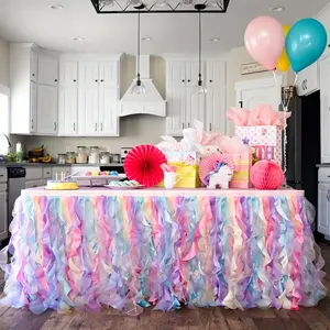 Rainbow Color Ruffled Wicker Table Skirt, Shiny Satin and Organza Tablecloth, Perfect for Weddings, Birthdays, Christmas Decorations