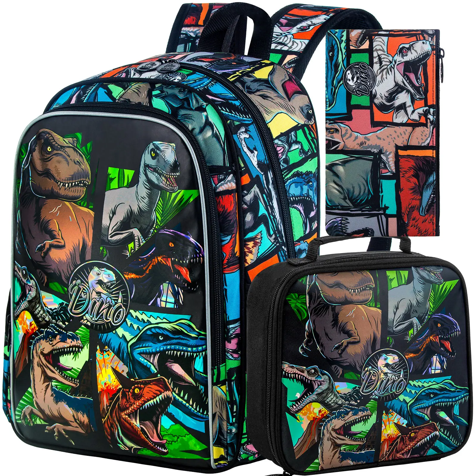 3PCS Dinosaur Backpack for Boys, 16 Inch Water Resistant Preschool Bookbags, Cool Elementary Kindergarten School Backpacks and Lunch Box