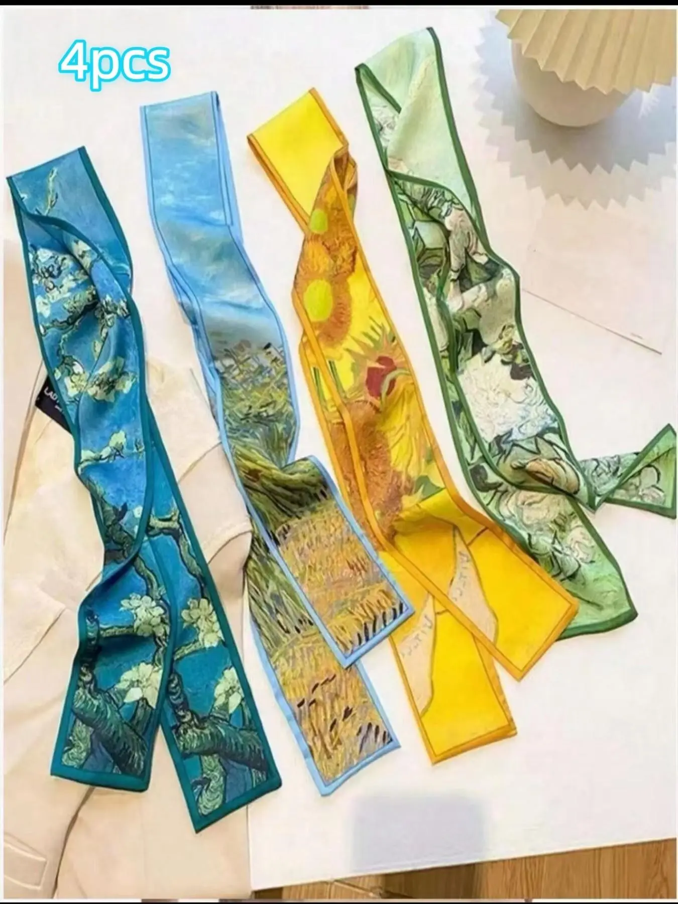 4 Pcs Oil Art Polyester Scarf Set, Elegant French Style, Striped Design, Vintage Headband, Hair Scarves, Woven Ribbon, Multifunctional Accessory for Women & Girls, Head Scarfs, Fashion Headscarf