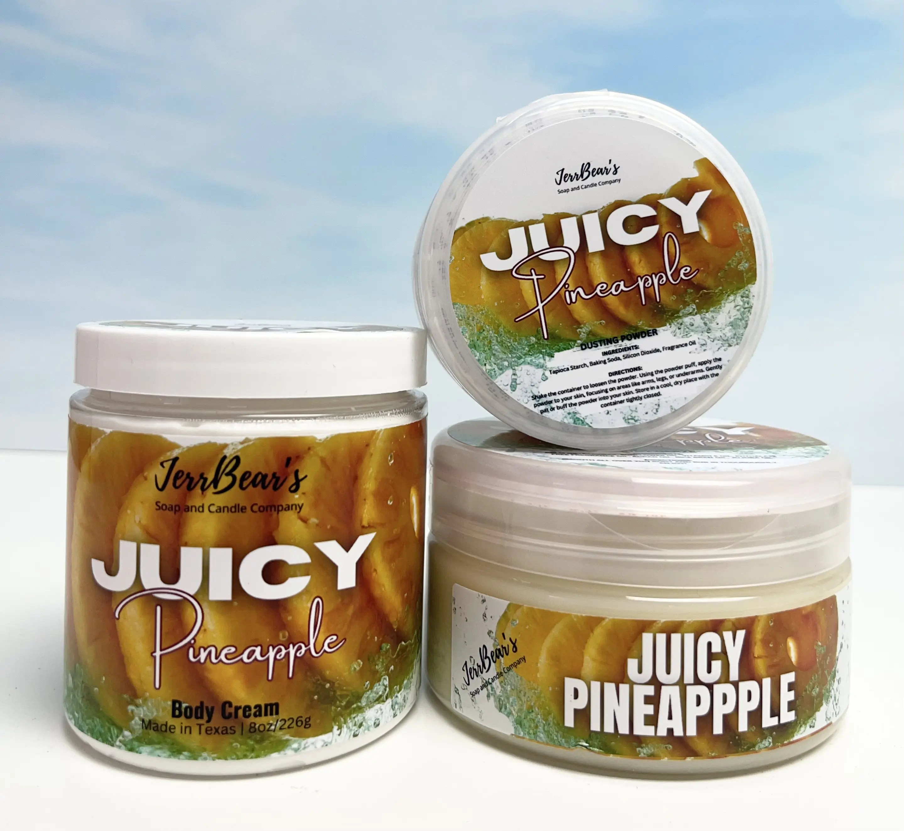JERRBEAR'S 3-Piece Body Care Set with Vanilla, Cherry & Pineapple Fragrance - Lightweight Body Glaze, Cream & Dusting Powder for a Polished Morning Routine