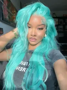 Vivid Sky Blue Lace Front Wig 26 Inch Body Wave Heat Resistant Synthetic Hair Soft & Lightweight Natural Parting Heat Resistant Wigs Body Wavy Wig