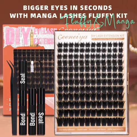 Geeneiya Lash Clusters Kit Voluminous Natural Faux Mink Featherlight DIY Eyelash Extensions - Rime Spiky Manga Wispy Anime, All-Day Wear with Bond & Seal, Tweezer