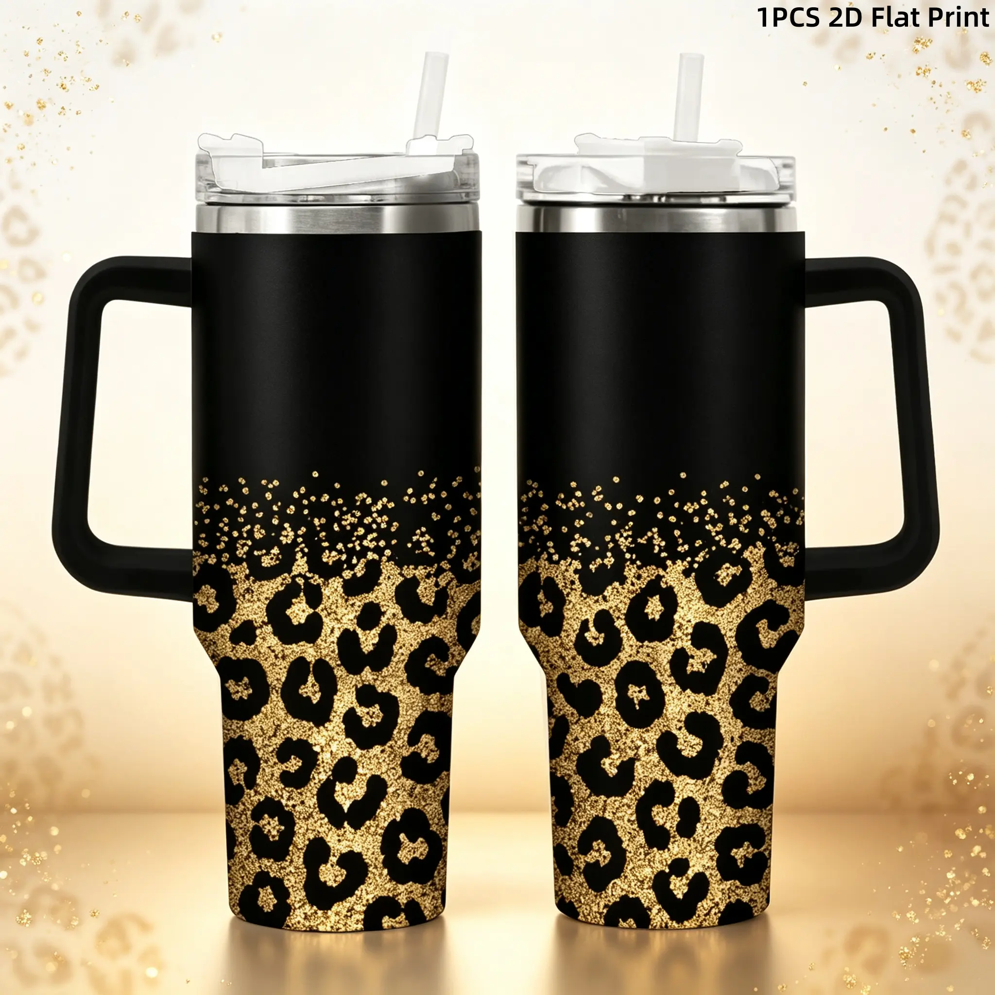 40oz Black Gold Glitter Leopard Print Stainless Steel Thermal Tumbler with Handle, Lid, Straw, Gradient Full-Wrap Insulated Cup, Trendy Animal Pattern Travel Mug, Stylish Fashion Gift for Women