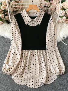 A ladies' polka dot patchwork black collar long-sleeved shirt Blouse, perfect for daily wear and exuding a fashionable and elegant vibe, Casual Business Top