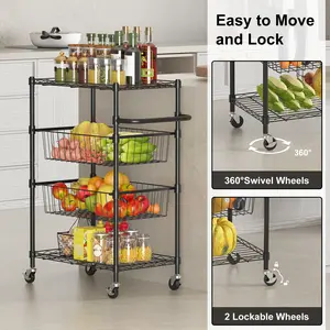 4 Tier Heavy Duty Rolling Cart, 110 lbs Capacity Multi Purpose Utility Cart with Lockable Wheels and Handle, Commercial Grade Wire Storage Cart for Kitchen Garage Restaurant