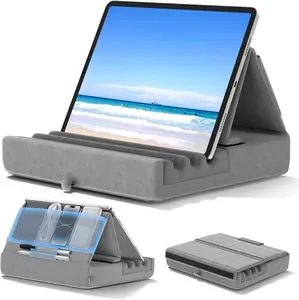 Tablet Pillow Holder, Foldable iPad Stand for Lap, Bed and Desk -Tablet Soft Pad Dock with Pocket & Stylus Mount Compatible with iPad Pro 12.9, 10.5, 9.7 Air Mini 6 5 4 3, Galaxy Tab, E-Reader