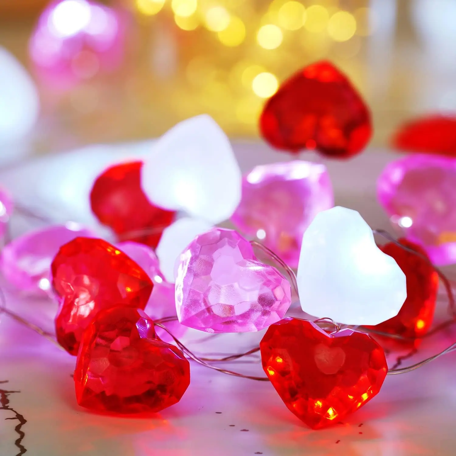 Red White Pink Heart String Lights Battery Operated, 10 ft 30 LEDs 3D Heart Lights, Twinkle Fairy Lights with Remote for The Home Bedroom Garland Wedding Indoor Party Decor Timer