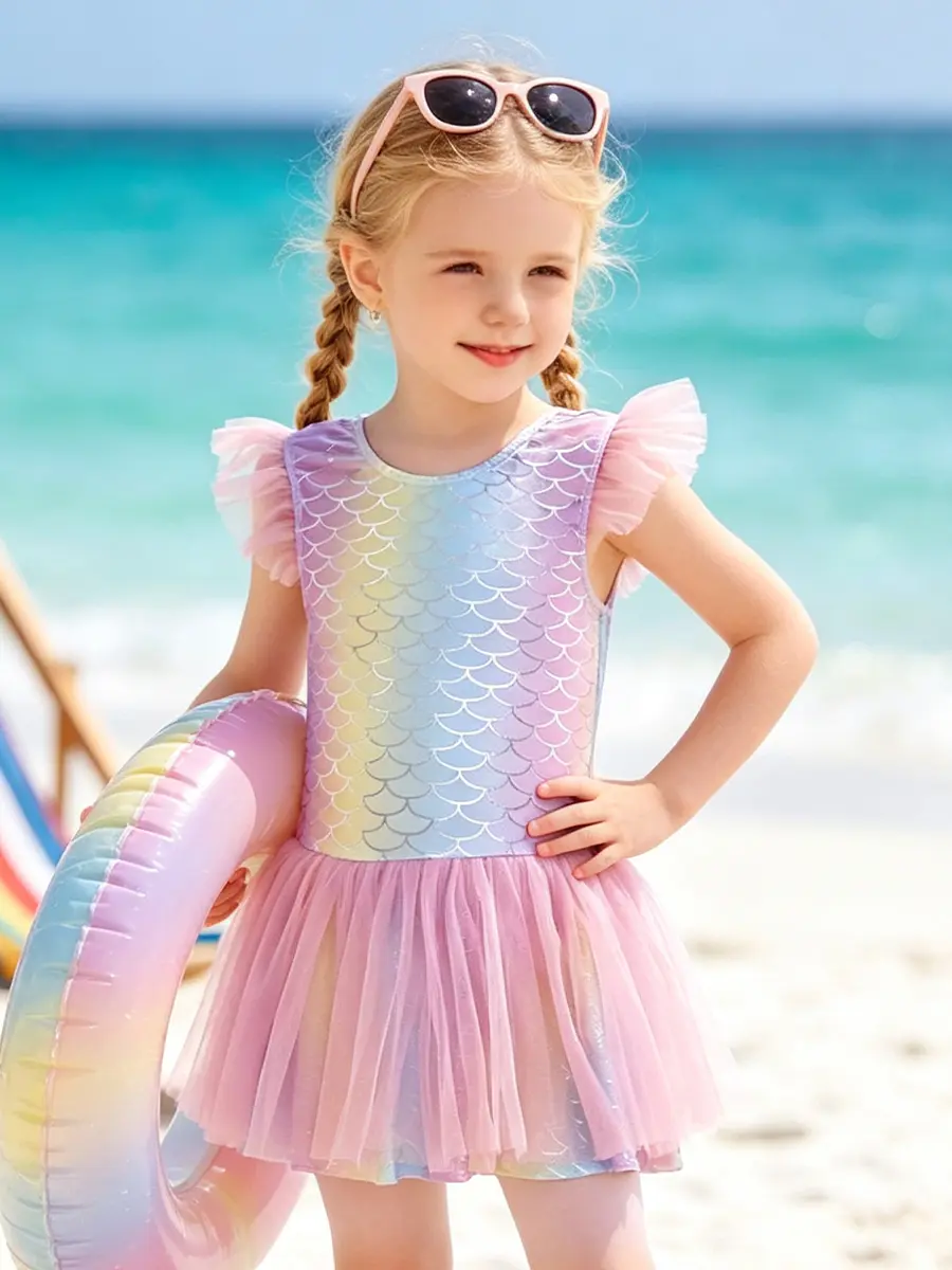 Toddler Girls Flutter-Sleeve Rainbow Mermaid-Scale Tutu Swimsuit with Free Swim Cap, Quick-Dry Stretch Tulle Skirt Bathing Suit for Beach Vacation, Pool Party