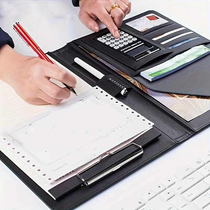 All-in-One Synthetic Leather Office Organizer Binder with Resume Interview Manager Business Card Holder A4 Tablet Case Phone Pocket Multi Functional Document Holder for Seekers Professionals Students Durable Folder Desk Tidy Desk Accessories