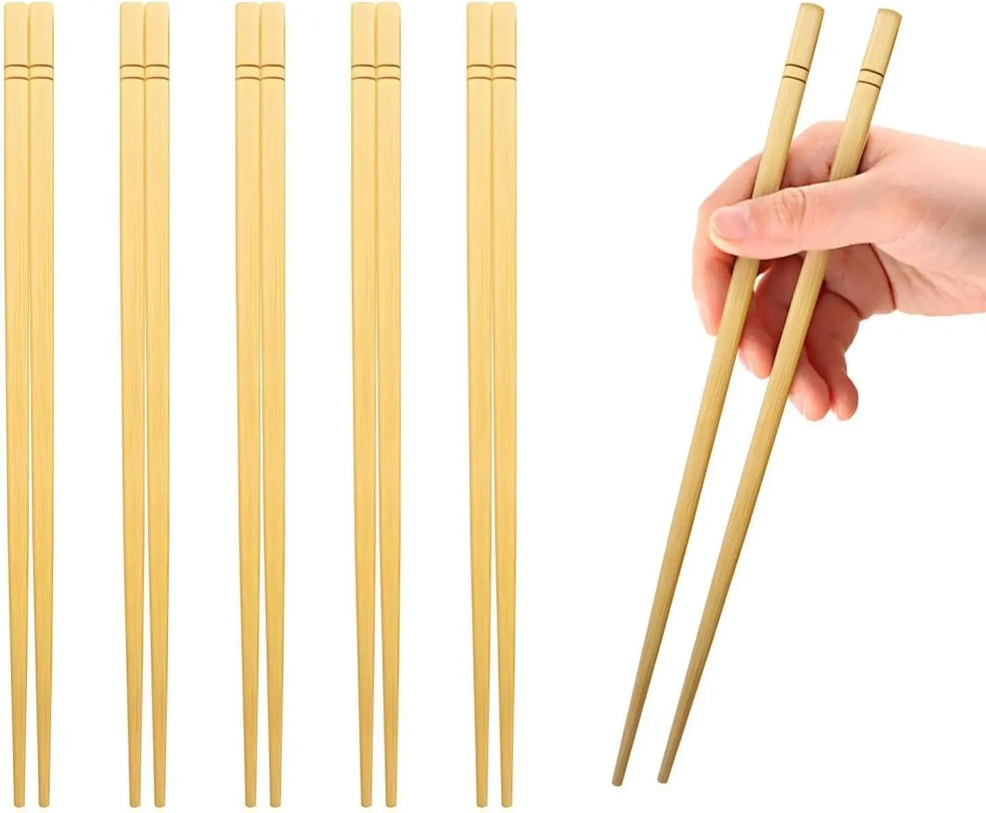 Reusable Panda Bamboo Handle Wooden Chopsticks (5 Pairs, 9.5 in) - Classic Minimalist Design, Eco-Friendly, Durable, Healthy Natural Bamboo Non-Plastic Home Cutlery, Tableware, Dinnerware