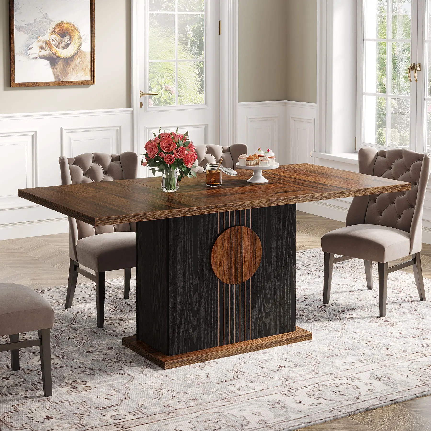Tribesigns Modern Farmhouse 55" Rectangular Dining Table for 4-6 People Brown & White Double Pedestal Engineered Wood Kitchen & Dining Room Table