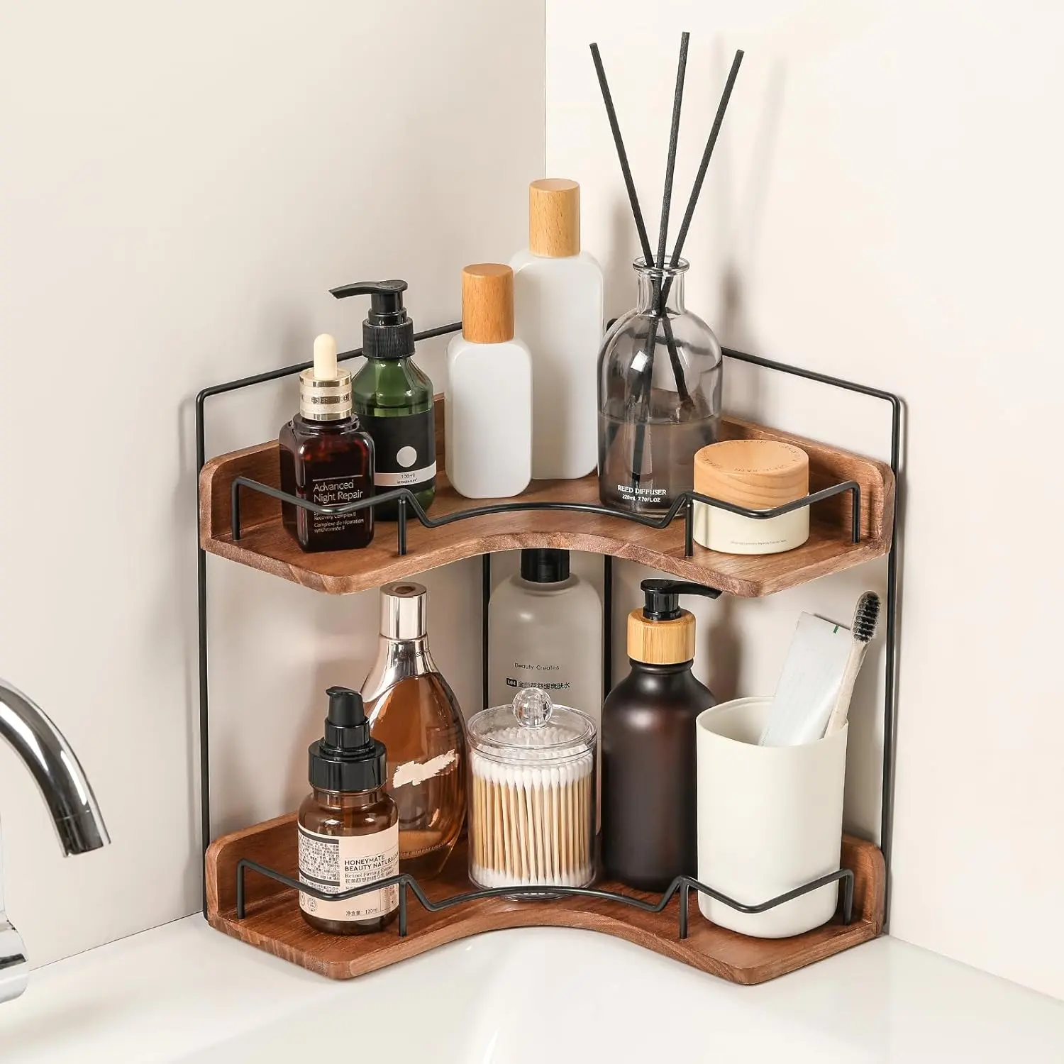 2-Tier Wooden Corner Bathroom Organizer, Water Proof Durable Modern Stainless Steel Space Saver for Vanity Countertop Skincare & Makeup Storage, Bathroom Supplies Home Gadget, Bathroom Organizers
