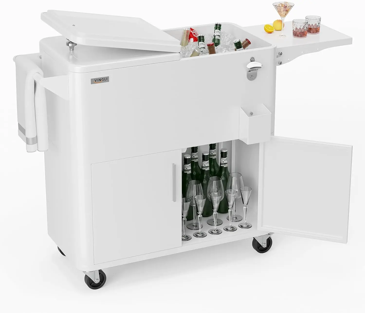 VINGLI Multifunctional Patio Cooler - Camping Gear Must Haves Mobile Outdoor Kitchen Cooler, Pool Accessories with Storage Cabinet, Bottle Opener, Water Draining, Rolling Base for Outdoor Parties, Deck, Multifunctional Outdoor