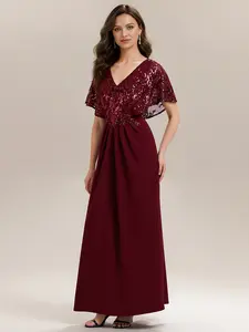 Ever-Pretty 2026 New Sequin Cape Formal Maxi Dress - V-Neck, Flowy Silhouette for Wedding Guest & Evening Events ,black tie wedding guest dress,beaded dress,02656