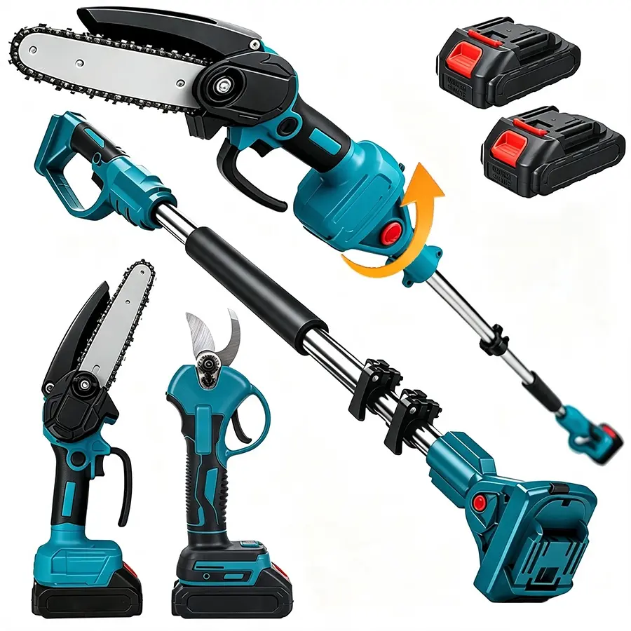 3-in-1 Cordless Pole Saw & Mini Chainsaw Garden Tools Set with 2 Batteries, Extension Pole, Garden Scissors for Tree Trimming, Limb Branch Cutter for Outdoor Use, Father's Day Gift