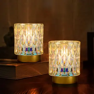 Vintage Crystal Glass Battery-Operated Table Lamp - Cordless Decorative Lamp with Timer and LED Bulb for Power Outage in Entryway, Stairway, Bathroom, and Fireplace (2*PEARL)