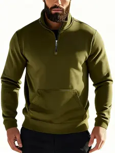 Men's Vintage Casual Stand Collar Half-Zip Long Sleeve Sweatshirt, Fall Winter Fleece Lined Loose Fit Commuter Pocket Pullover