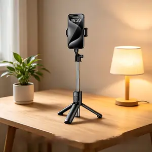 Foldable Selfie Stick Tripod with Smart Push Operation, Adjustable Height Selfie Stand for Phones, for Selfies and Tabletop Filming