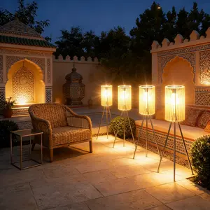 Solar-Powered Outdoor Floor Lamp Handcrafted Wicker Lantern Wrought Iron Tripod Lantern Housewarming Gift, Solar Lanterns Decoration, Rustic Indoor/Outdoor Decorative Lamp Solar Lights Outdoor