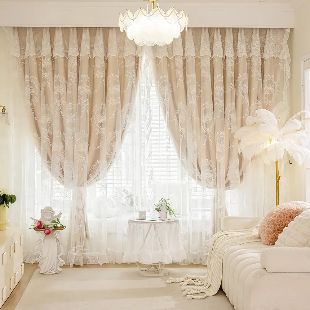 Double Layer Floral Plant Embroidered Mirror Curtain, Light Blocking Insulating Noise Reducing Fabric Sheer Window Curtain, Suitable for Bedroom Living Room Study