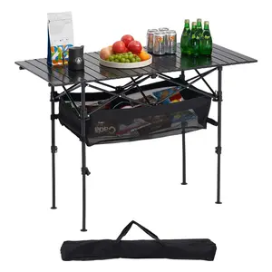 VEVOR Folding Camping Table,  Portable Roll Up Side Tables, Lightweight Aluminum Beach Table with Adjustable Height, Large Storage Bag and Carry Bag, For Outdoor BBQ Tailgating Picnic, Travel, Black