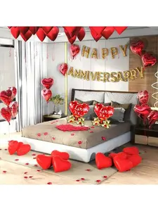 Anniversary Decoration Happy Anniversary Banner Latex Heart Balloons Aluminum Foil Heart Balloons Red Silk Rose Petals Romantic Night Wedding Bridal Shower Party Decor