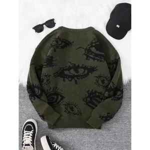 Men’s drop-shoulder sweater with an all-over eye print, regular fit, casual and comfortable long sleeves with a crew neck; men’s fall and winter knitwear for everyday wear