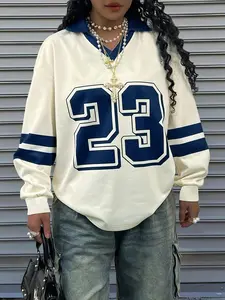 Women's Plus Size Loose Baseball Jersey, Colorblock Striped Long Sleeve Oversized Pullover Top, Number 23, Casual Fashion Shirt, Everyday