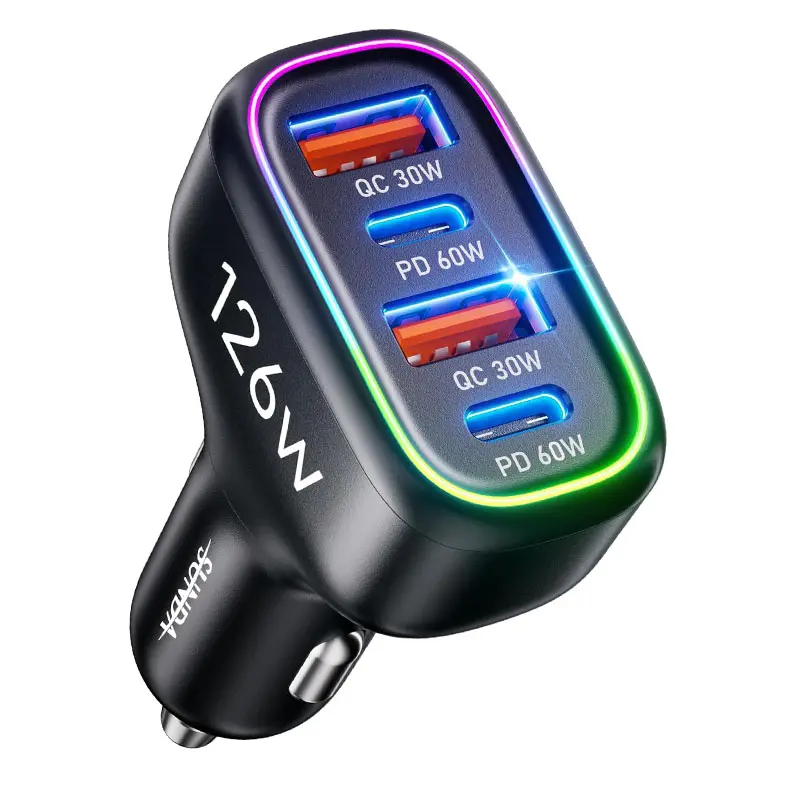 SUNDA 126W USB C Car Charger, 4-Port (2 USB-C + 2 USB-A) QC30W+ PD60W+PPS63W Fast Charging Cigarette Lighter Adapter for iPhone 17/16/15/Pro Max, Samsung Galaxy S26/S25/Ultra, MacBook/iPad/Laptop., Fast Charging Solution, High Efficiency Charger