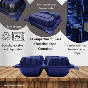 TheBlackPass 8x8x3 Compartment Black Clamshell Food Container 200 Pieces - Microwave & Freezer Safe Reusable Durable Meal Prep Solution 3-Section Leak-Resistant Lock System - Kitchen