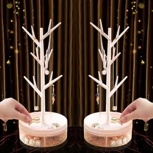Jewelry Rack With Rotatable Base and Storage Box Tree Tower Rack Hanging Organizer for Ring Earrings Necklace Bracelet,