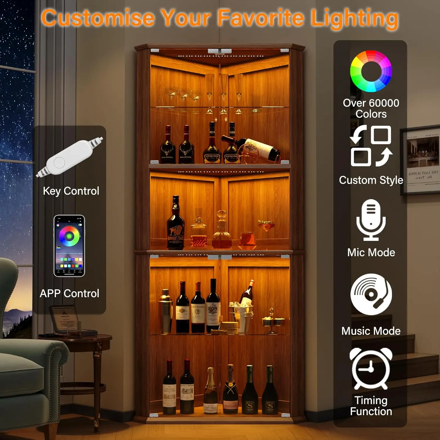 Storage Cabinet Sideboard 71.6 in Modern Corner LED-Lighted Tempered Glass  - 5-Tier Tall Buffet Sideboard Cabinet, Adjustable Shelves, Glass Door, RGB LEDs for Living Room, Home Bar, Tempered Glass Cabinet