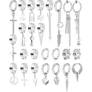 FLORIDECO 13/22/25 Pcs/Set Men Clip on Earrings Stainless Steel Cross Chain Dangle Earrings Black Non Pierced Huggie Hoop Earrings Set for Men and Women Casual Trendy Jewelry Men Accessories
