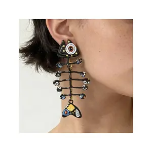 casual marine resort style alloy print exaggerated black fish earrings niche design fish skeleton earrings for women
