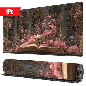 Gothic Library Skull Pink Cherry Blossom Extended Gaming Mouse Pad Office Desk Mat Stitched Edges Non Slip Base 15.7x35.4inch Perfect Gift for Gamers Home Office