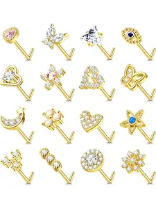 16 Pcs Rose Golden Bent Nose Stud Multipack for Women Men High Endurance Copper Surgical Steel Material Well-designed Curved Frame Conforms To Nasal Anatomy Stable Fit Delicate Glossy Tone for Everyday Long-term Use