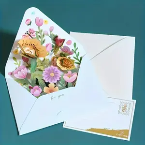 3D Flower Greeting Card with Envelope & Tag, 1 Set Pop Up Card, Birthday Anniversary Thanksgiving Day Card, Gift for Friend & Family