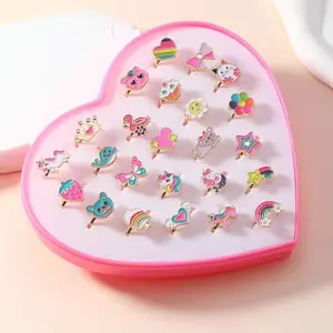 24-Piece High-Quality Rings Set, Stacking Ring Set, Cute Macaron Candy Color Rose Gold Kids Rings, Heart Gift Box, Party Birthday Gifts