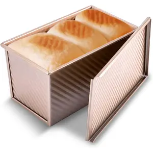 Pullman Loaf Pan with Lid, Gold Carbon Steel Non-Stick 1 lb Dough Capacity Corrugated Bread Toast Mold for Home Baking
