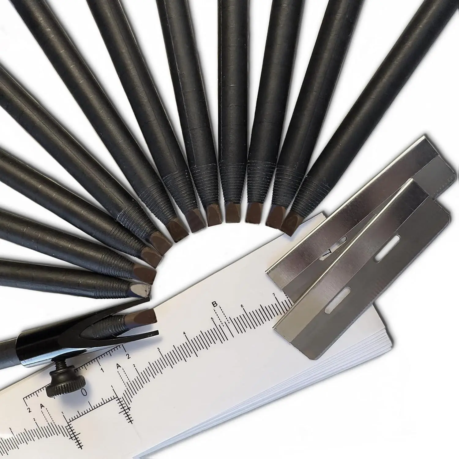 INK PERMANENT [12 Pack] Eyebrow & Microblading Pencil, Brow Mapping Kit for Microblading, Permanent Makeup with Eyebrow Pencil Sharpener - Brow Shaper and 10 Ruler Dark Brown