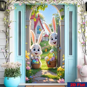 Easter Party Banner, 2D Flat Polyester Door Frame Decoration, Rabbits, Easter Bunny Motif, Eggs Basket, Flowers, Easy Installation, Home & Classroom Use