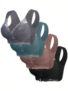 Women's 4-Pack Contrast Lace Push-Up Buckle Bras, Soft Comfortable Breathable Wireless Underwear, Medium Support Everyday Wear Fit Lady, Wireless Padded Bra, Breathable Comfy Bra