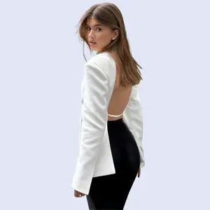 Minimalist White Blazer for Women �C Pure Color Lapel Design with Cut-Out Open Back & Long Sleeves Backless Can be used with a raincoat
