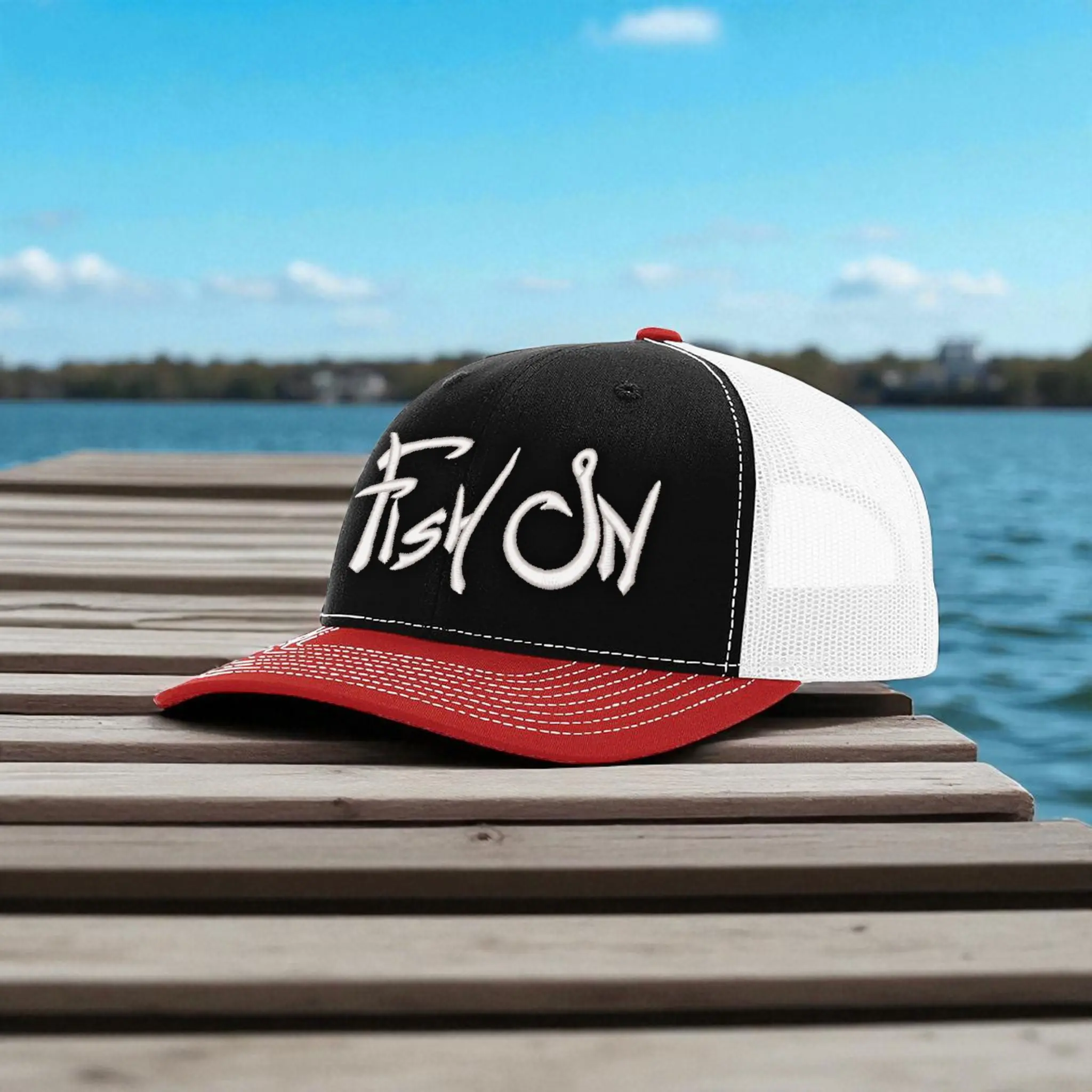 Fish-On Detail Embroidered Trucker Hat - Adjustable Snapback Cap, Mesh Cooling Design, Mens Hats for Anglers, Lake Adventures