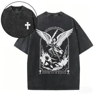 Men's Distressed Vintage Washed Double-Sided Saint Michael Archangel Christian Graphic Tee - Heavyweight Cotton, Oversized Cross, Gothic Streetwear, Short-Sleeve Round Neck Top, Unisex Casual Festive T-Shirt